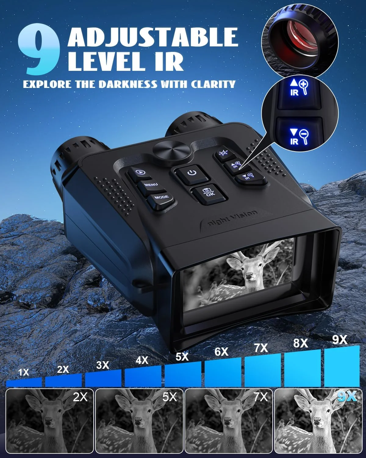 دوربین دید در شب - دوربین دوچشمی دید در شب 4K برای بزرگسالان، صفحه نمایش 3.0 اینچی HD، دوربین تک چشمی مادون قرمز 9 دنده ای برای کمپینگ به همراه کارت TF 32 گیگابایتی