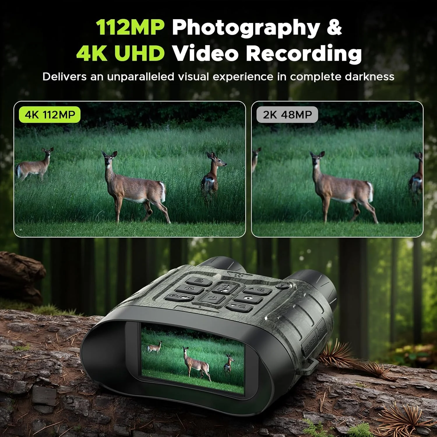 دوربین دید در شب، دوربین دوچشمی دید در شب 4K با کیفیت 112 مگاپیکسل برای بزرگسالان، زوم 12 برابر و باتری 5000 میلی آمپر ساعتی، شامل کارت 64 گیگابایتی، دید مادون قرمز، برد 450 متر، ایده آل برای شکار، کمپینگ و امنیت