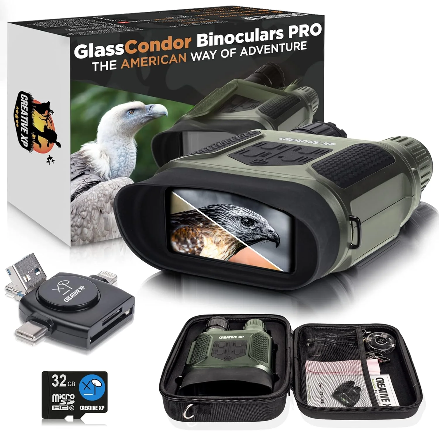 دوربین دوچشمی دید در شب دیجیتال CREATIVE XP Pro - مادون قرمز دیجیتال، صفحه نمایش 4 اینچی، زوم 2 برابر - لوازم جانبی ضروری شکار ، تجهیزات تاکتیکی، عینک امنیتی، درجه نظامی - کارت 32 گیگابایتی، بند گردن، کیف