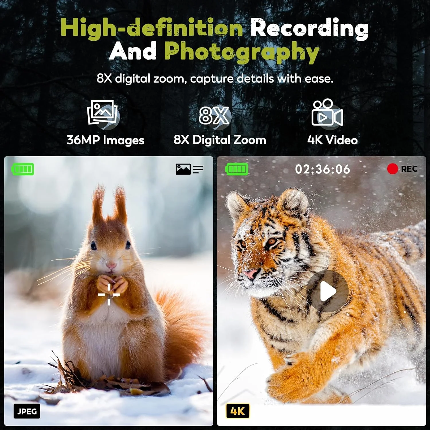 دوربین دید در شب، دوربین دوچشمی دید در شب 4K با صفحه نمایش HD 3.2 اینچی و کارت TF 32 گیگابایتی، قابلیت ذخیره عکس و فیلم، 7 دنده دید در شب، زوم دیجیتال 8 برابر برای علاقه مندان به فضای باز و تماشای حیات وحش