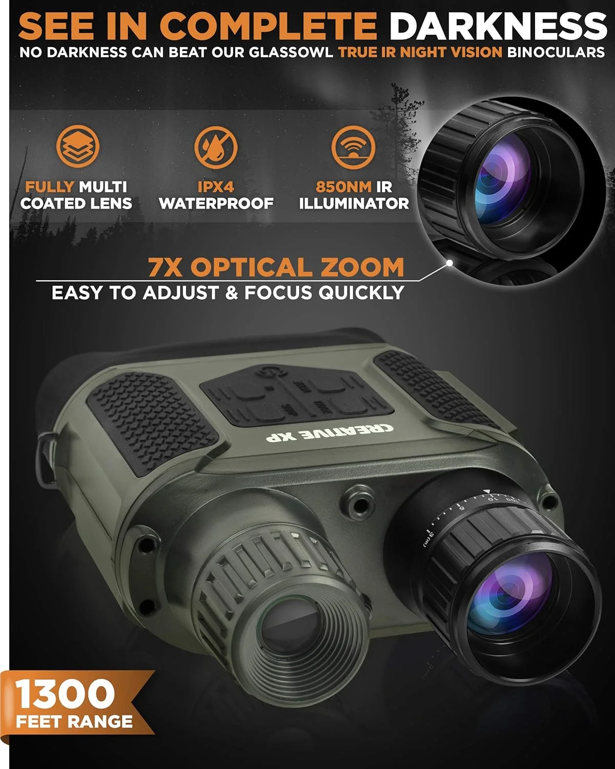 دوربین دوچشمی دید در شب دیجیتال CREATIVE XP Pro - مادون قرمز دیجیتال، صفحه نمایش 4 اینچی، زوم 2 برابر - لوازم جانبی ضروری شکار ، تجهیزات تاکتیکی، عینک امنیتی، درجه نظامی - کارت 32 گیگابایتی، بند گردن، کیف