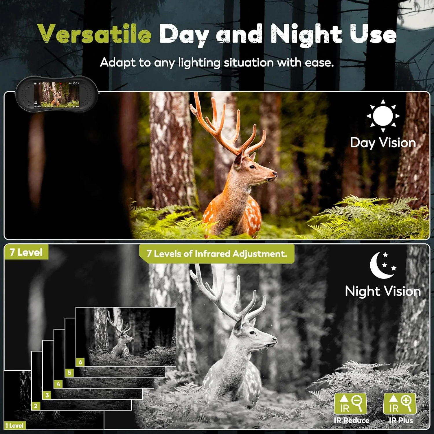 دوربین دید در شب، دوربین دوچشمی دید در شب 4K با صفحه نمایش HD 3.2 اینچی و کارت TF 32 گیگابایتی، قابلیت ذخیره عکس و فیلم، 7 دنده دید در شب، زوم دیجیتال 8 برابر برای علاقه مندان به فضای باز و تماشای حیات وحش