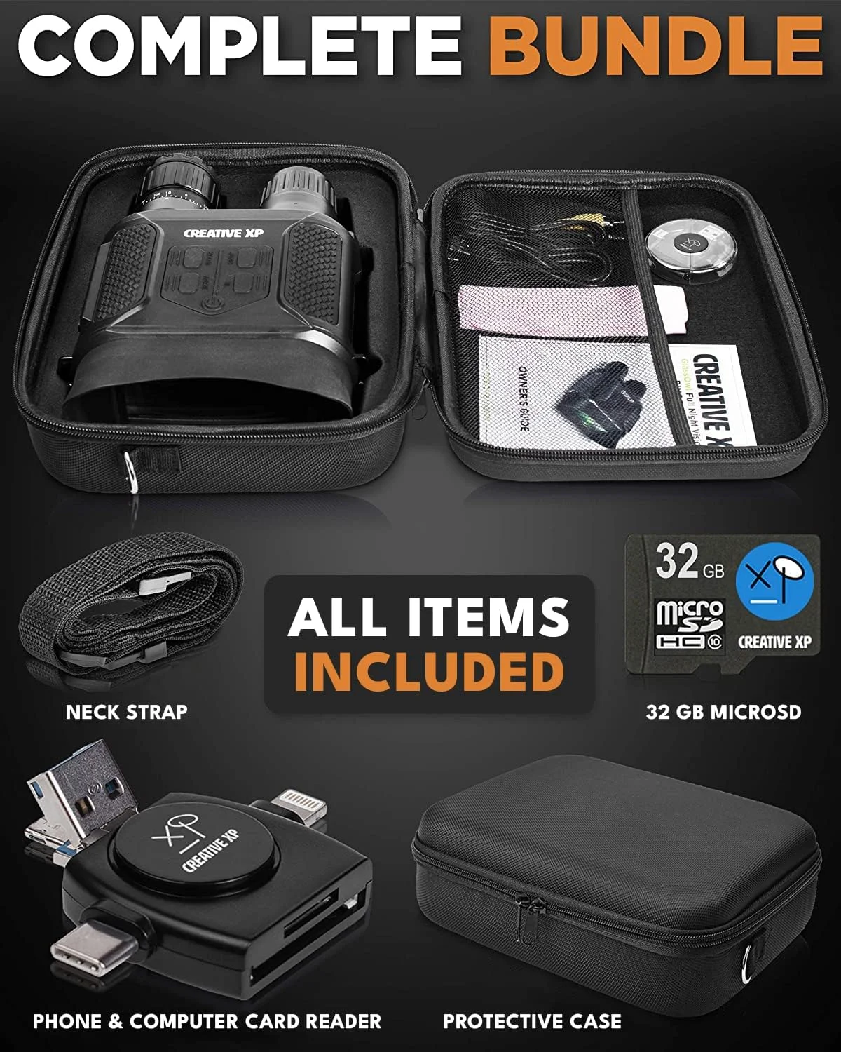 دوربین دوچشمی دید در شب دیجیتال CREATIVE XP Pro - مادون قرمز دیجیتال، صفحه نمایش 4 اینچی، زوم 2 برابر - لوازم جانبی ضروری شکار ، تجهیزات تاکتیکی، عینک امنیتی، درجه نظامی - کارت 32 گیگابایتی، بند گردن، کیف