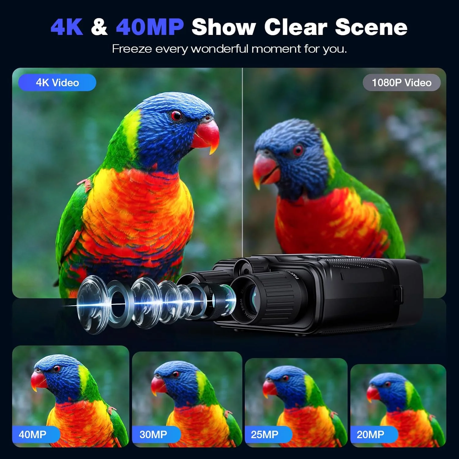 دوربین دید در شب، دوربین دوچشمی دید در شب 4K، دوربین دوچشمی مادون قرمز قابل شارژ 5000 میلی آمپر ساعتی با صفحه نمایش بزرگ 3 اینچی، زوم دیجیتال 8 برابر و چراغ قوه خارجی برای کمپینگ (مشکی)