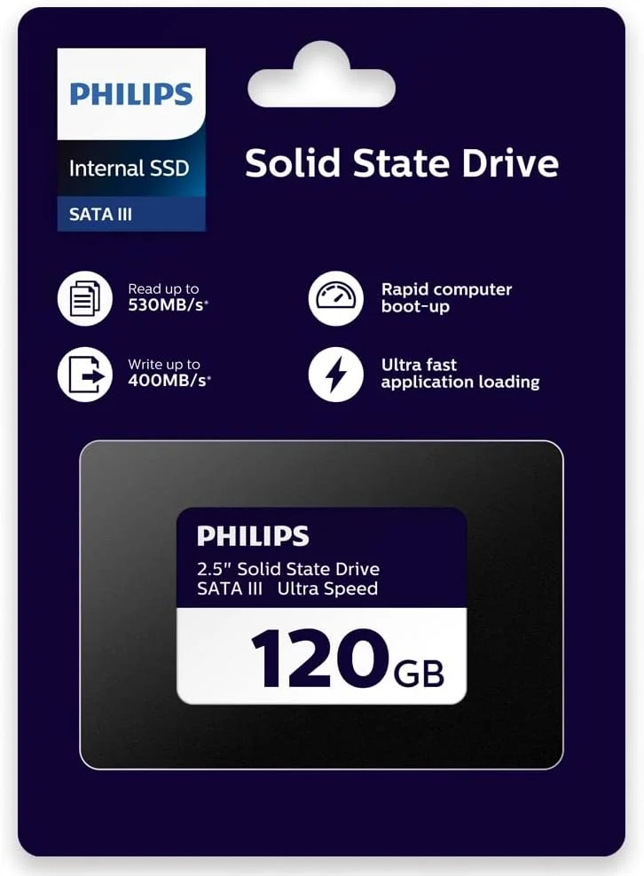 حافظه اس اس دی داخلی فیلیپس 120 گیگابایت 2.5 اینچ SATA III Ultra با سرعت خواندن تا 530 مگابایت بر ثانیه و نوشتن 400 مگابایت بر ثانیه مناسب برای کامپیوترهای رومیزی و لپ تاپ مشکی