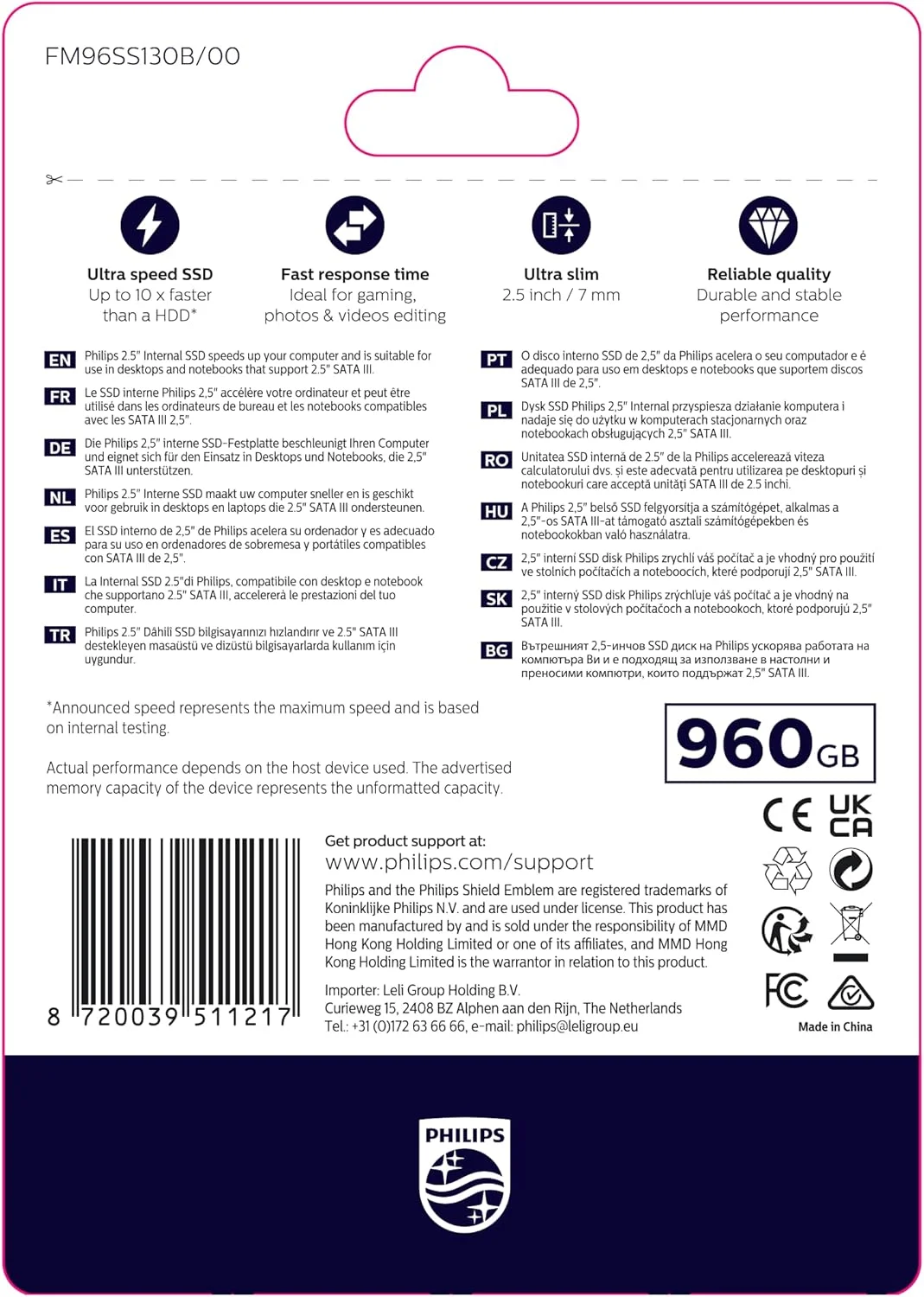 حافظه اس اس دی داخلی 2.5 اینچی فیلیپس SATA III با سرعت فوق العاده 960 گیگابایت، مدل FM96SS130B/00