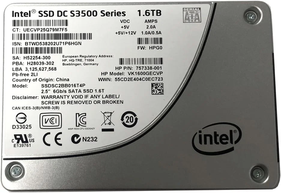 درایو حالت جامد داخلی 1.6 ترابایتی اینتل سری DC S3500، اندازه 2.5 اینچ، ضخامت 7 میلی‌متر، SATA III MLC (سرعت 6.0 گیگابیت بر ثانیه) مدل SSDSC2BB016T4P / (HP # 757338-001 / VK1600GECVP) - OEM نو