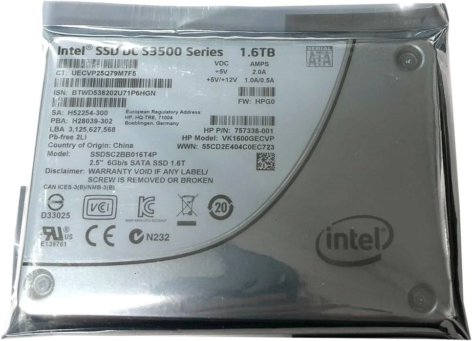 درایو حالت جامد داخلی 1.6 ترابایتی اینتل سری DC S3500، اندازه 2.5 اینچ، ضخامت 7 میلی‌متر، SATA III MLC (سرعت 6.0 گیگابیت بر ثانیه) مدل SSDSC2BB016T4P / (HP # 757338-001 / VK1600GECVP) - OEM نو
