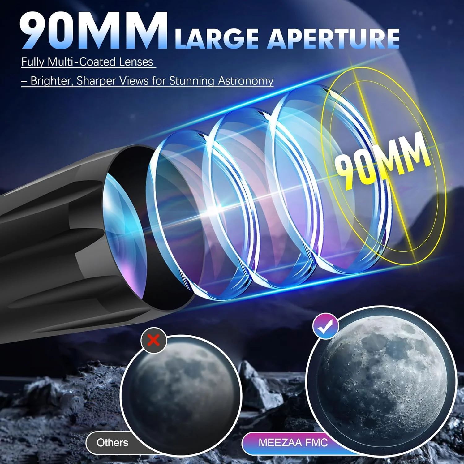 تلسکوپ نجومی حرفه ای با دهانه 90 میلی‌متری و فاصله کانونی 800 میلی‌متری با پایه AZ، تلسکوپ شکستنی نجومی برای کودکان و مبتدیان، مناسب برای مشاهده ماه و سیارات