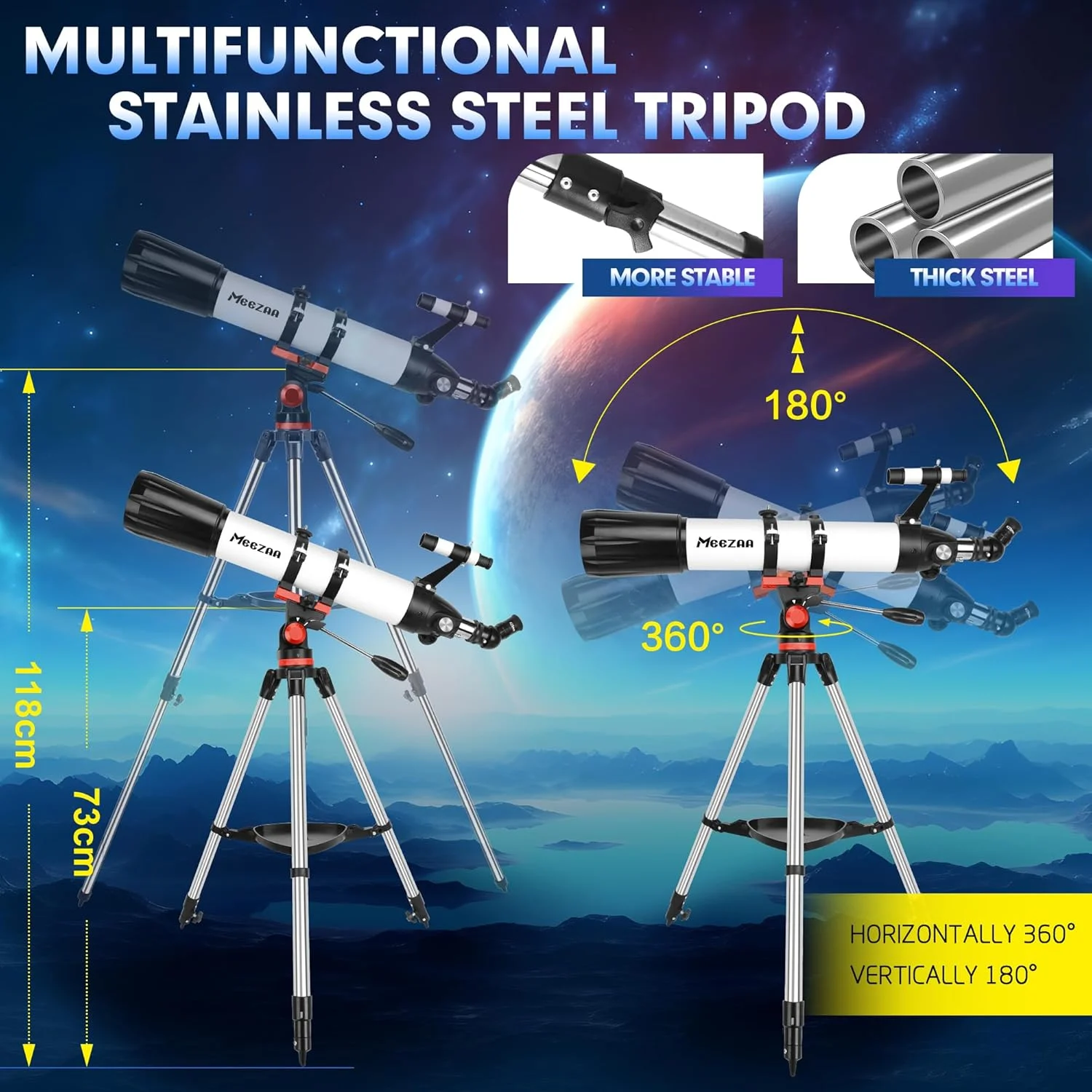 تلسکوپ نجومی حرفه ای با دهانه 90 میلی‌متری و فاصله کانونی 800 میلی‌متری با پایه AZ، تلسکوپ شکستنی نجومی برای کودکان و مبتدیان، مناسب برای مشاهده ماه و سیارات