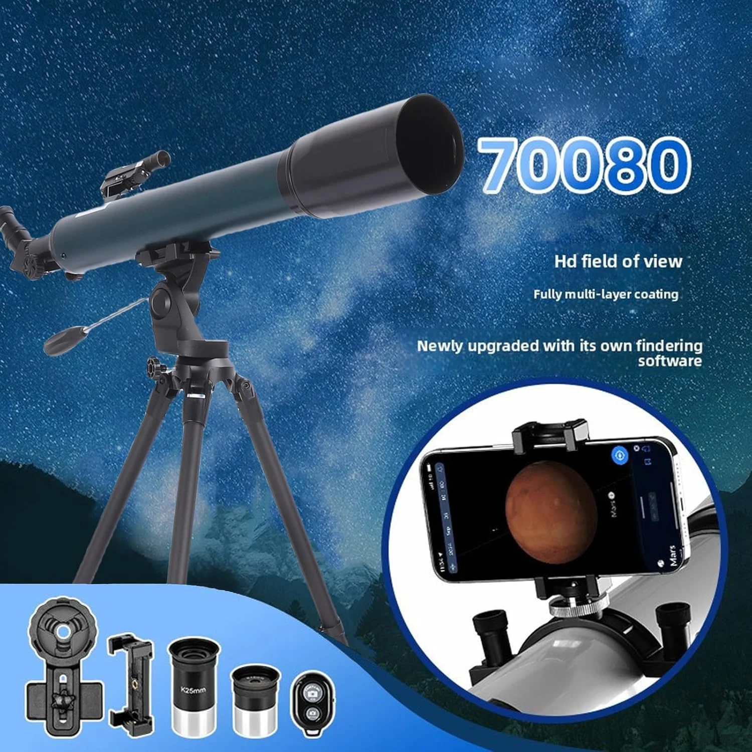 تلسکوپ نجومی برای بزرگسالان، تلسکوپ شکستنی 700x80 میلیمتری با پوشش چند لایه کامل و سهپایه تلسکوپی جمعشونده تلسکوپ نجومی برای بزرگسالان، تلسکوپ شکستنی 700x80 میلیمتری با پوشش چند لایه کامل و سهپایه تلسکوپی جمعشونده