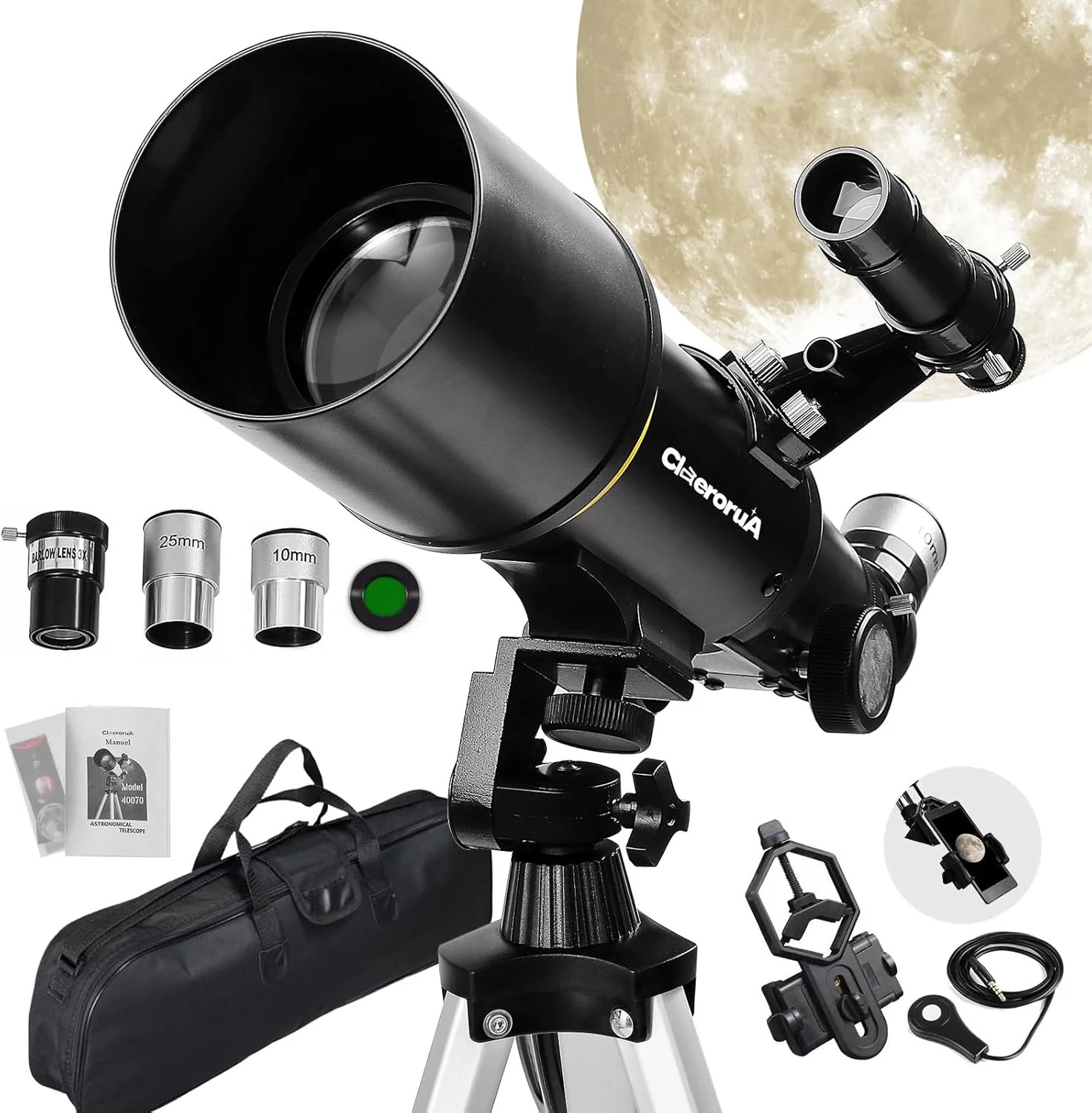 تلسکوپ نجومی 70 میلی‌متری برای کودکان و بزرگسالان مبتدی، تلسکوپ شکست نجومی برای مبتدیان، به همراه آداپتور تلفن و سه‌پایه تقویت‌شده، مشکی