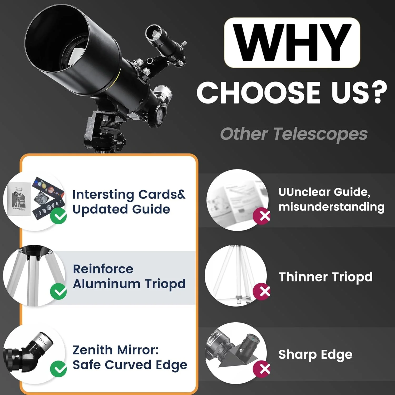 تلسکوپ نجومی 70 میلی‌متری برای کودکان و بزرگسالان مبتدی، تلسکوپ شکست نجومی برای مبتدیان، به همراه آداپتور تلفن و سه‌پایه تقویت‌شده، مشکی