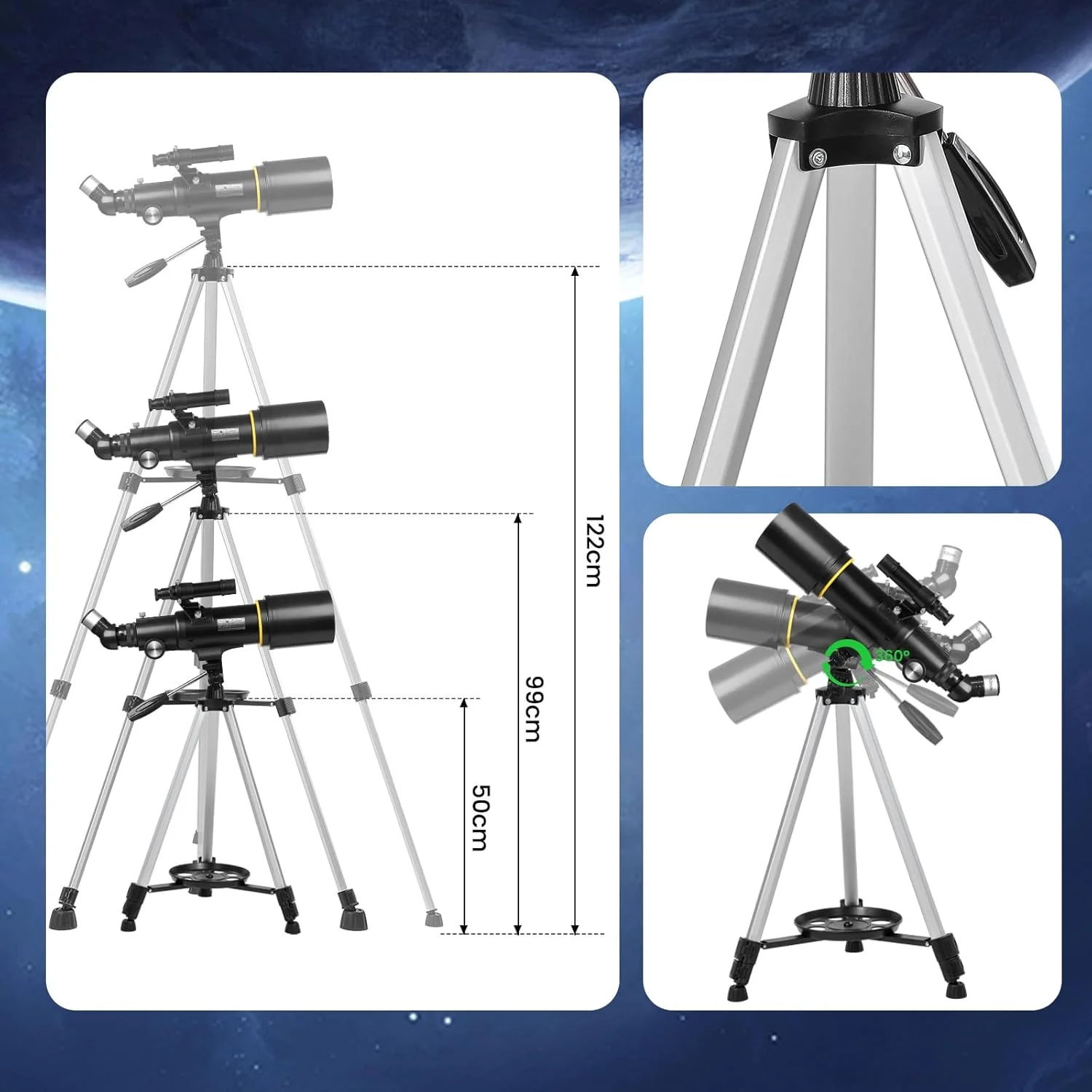 تلسکوپ نجومی 70 میلی‌متری برای کودکان و بزرگسالان مبتدی، تلسکوپ شکست نجومی برای مبتدیان، به همراه آداپتور تلفن و سه‌پایه تقویت‌شده، مشکی