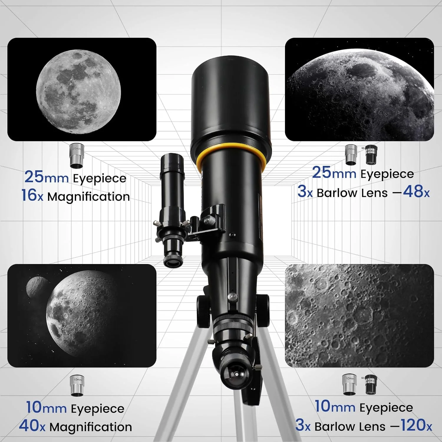 تلسکوپ نجومی 70 میلی‌متری برای کودکان و بزرگسالان مبتدی، تلسکوپ شکست نجومی برای مبتدیان، به همراه آداپتور تلفن و سه‌پایه تقویت‌شده، مشکی