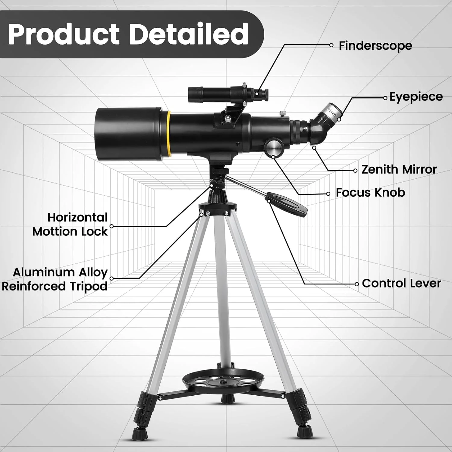 تلسکوپ نجومی 70 میلی‌متری برای کودکان و بزرگسالان مبتدی، تلسکوپ شکست نجومی برای مبتدیان، به همراه آداپتور تلفن و سه‌پایه تقویت‌شده، مشکی