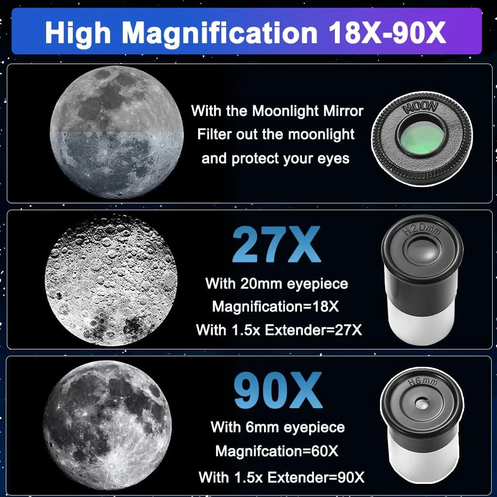 تلسکوپ برای کودکان، تلسکوپ های نجومی زوم 90X HD 50/360mm، تلسکوپ انکساری قابل حمل با سه پایه، تلسکوپ فضای باز برای بزرگسالان، کودکان و مبتدیان