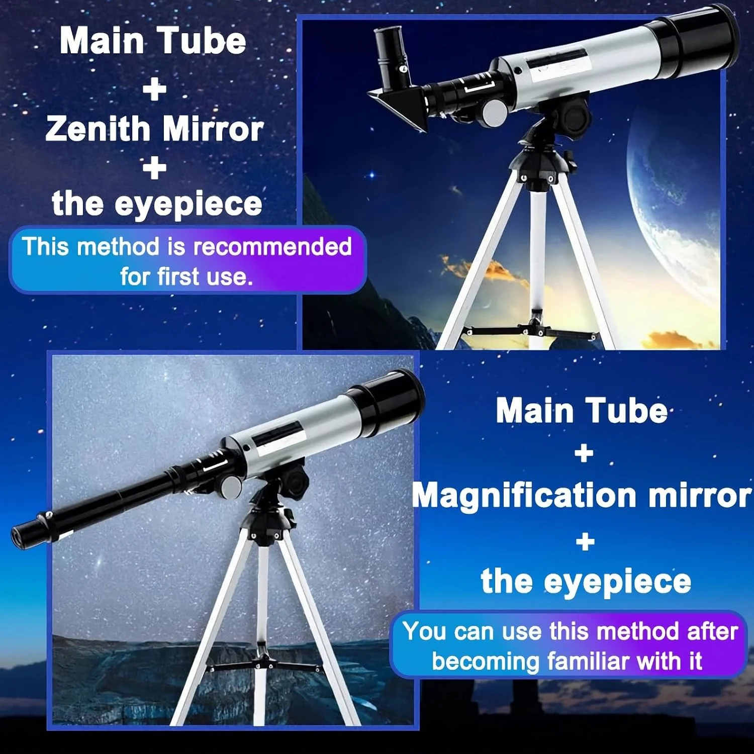 تلسکوپ برای کودکان، تلسکوپ های نجومی زوم 90X HD 50/360mm، تلسکوپ انکساری قابل حمل با سه پایه، تلسکوپ فضای باز برای بزرگسالان، کودکان و مبتدیان