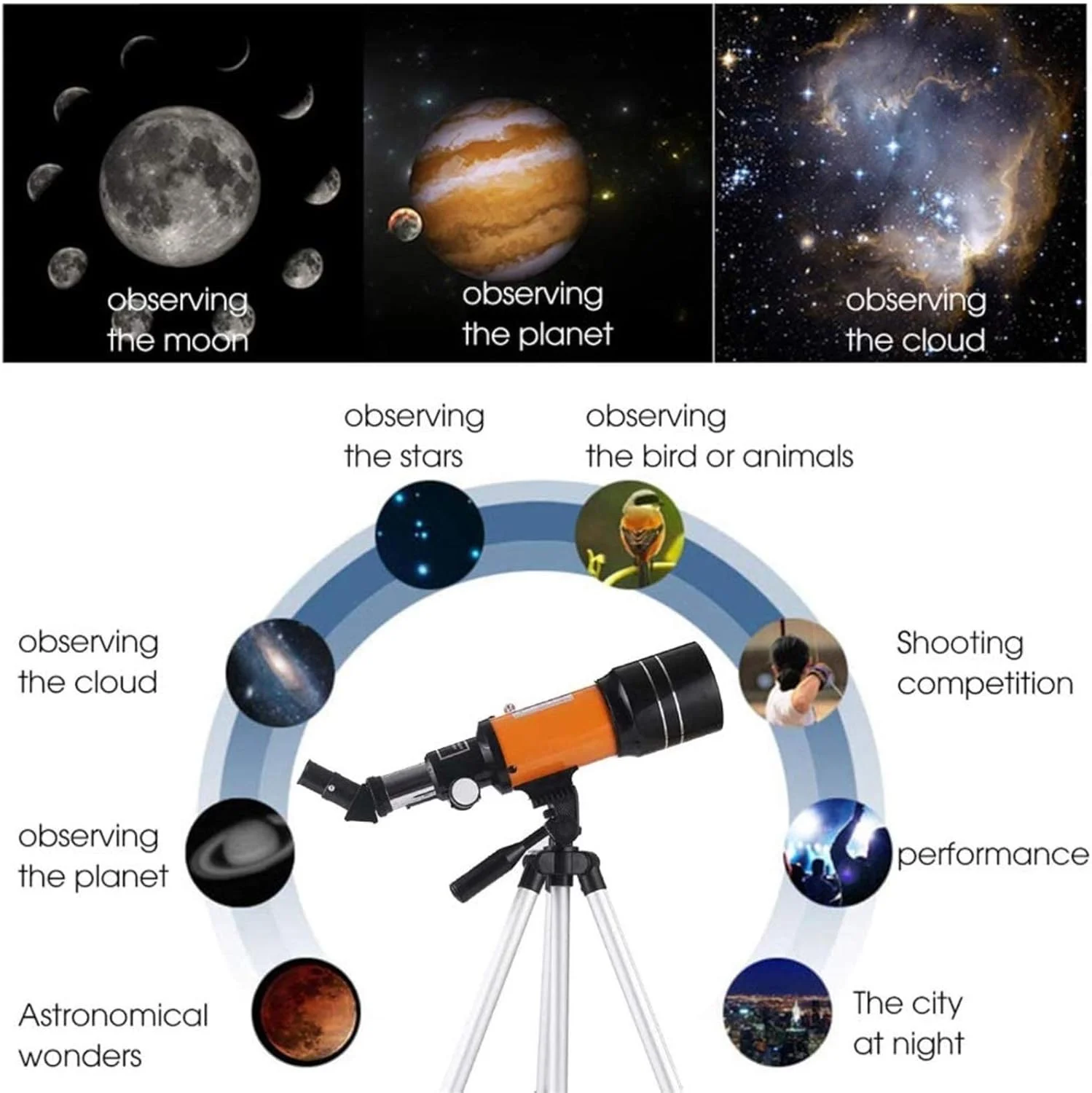 تلسکوپ نجومی شکستنی 76 میلی‌متری، تلسکوپ فضایی تک‌چشمی بیرونی با زوم 350X به همراه سه‌پایه قابل حمل، راحتی دوچندان