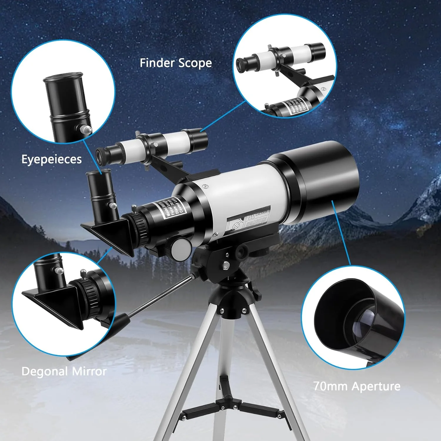 تلسکوپ نجومی انکساری 150X برای کودکان، بزرگسالان و مبتدیان، تلسکوپ حرفه ای نجومی HD با دیافراگم 70 میلی متری به همراه سه پایه قابل تنظیم، آداپتور تلفن و فیلتر ماه برای هدیه ستاره نگری