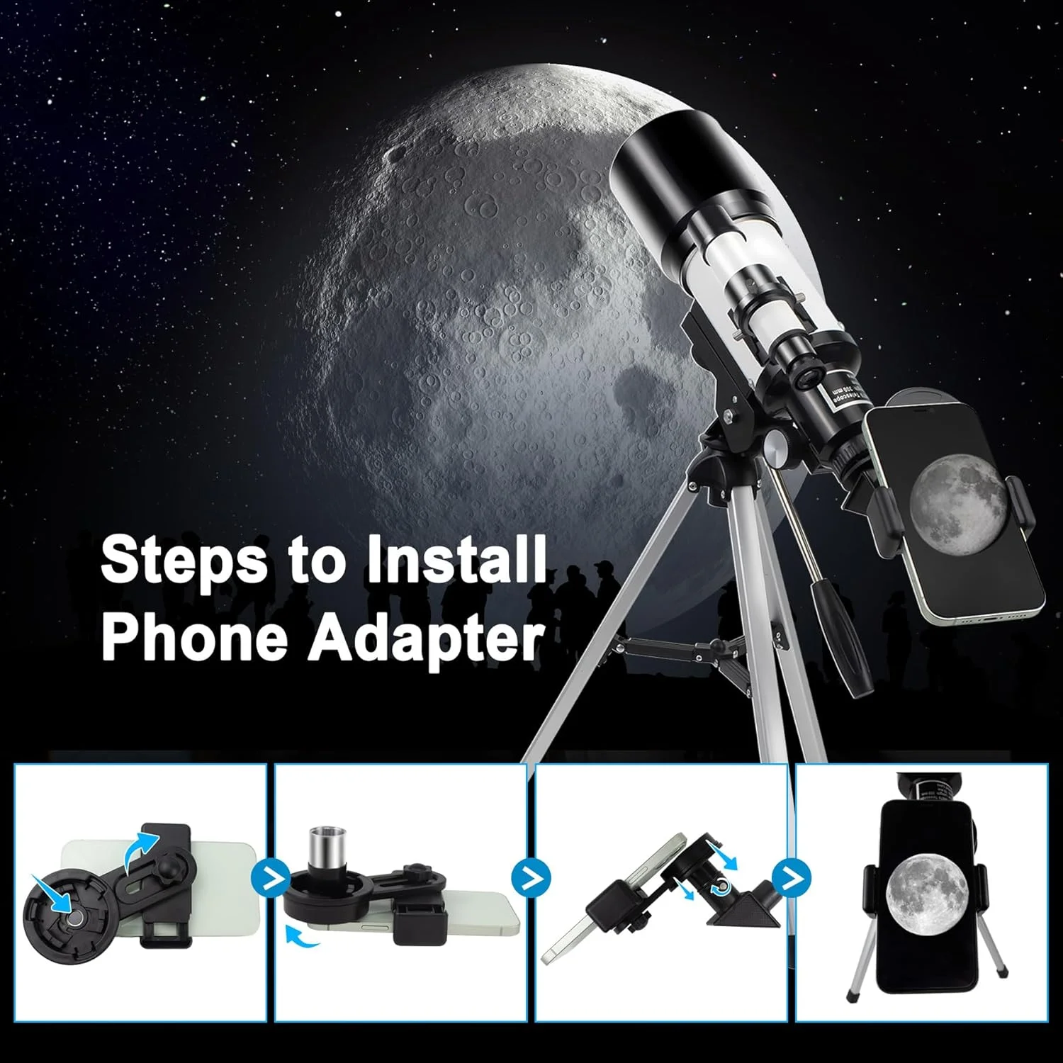 تلسکوپ نجومی انکساری 150X برای کودکان، بزرگسالان و مبتدیان، تلسکوپ حرفه ای نجومی HD با دیافراگم 70 میلی متری به همراه سه پایه قابل تنظیم، آداپتور تلفن و فیلتر ماه برای هدیه ستاره نگری