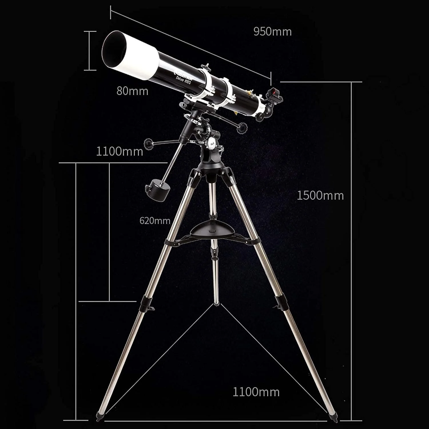 تلسکوپ های نجومی حرفه ای، دهانه 80 میلی متری، فاصله کانونی 900 میلی متری، شکست نجومی پایه AZ، تلسکوپ مسافرتی قابل حمل با سه پایه