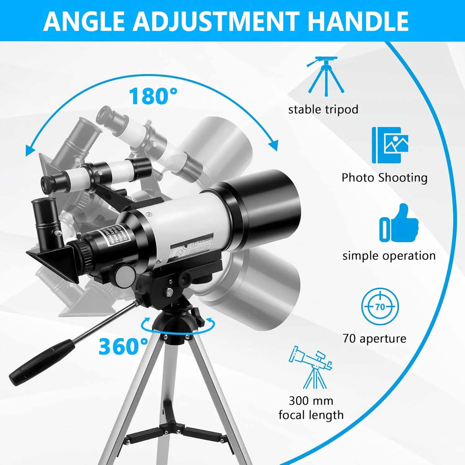 تلسکوپ نجومی انکساری 150X برای کودکان، بزرگسالان و مبتدیان، تلسکوپ حرفه ای نجومی HD با دیافراگم 70 میلی متری به همراه سه پایه قابل تنظیم، آداپتور تلفن و فیلتر ماه برای هدیه ستاره نگری