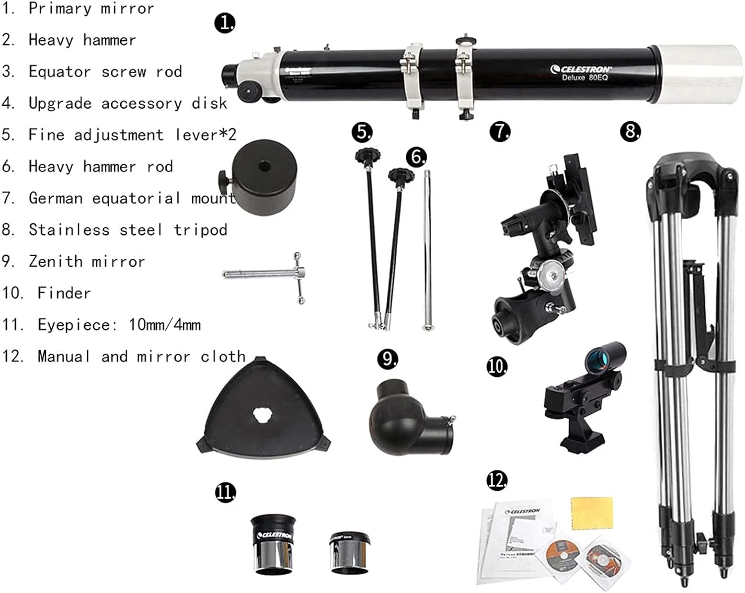 تلسکوپ های نجومی حرفه ای، دهانه 80 میلی متری، فاصله کانونی 900 میلی متری، شکست نجومی پایه AZ، تلسکوپ مسافرتی قابل حمل با سه پایه
