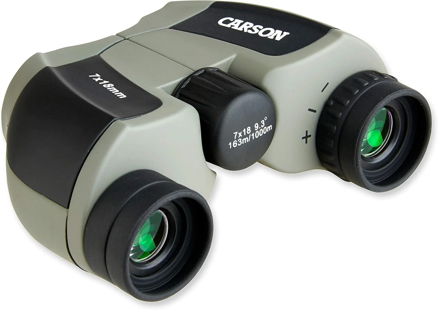 دوربین شکاری منشوری کوچک کارسون MiniScout با بزرگنمایی 7 برابر و قطر عدسی 18 میلی‌متر (JD-718)، ابعاد 1.5 در 3.5 در 2.75 اینچ