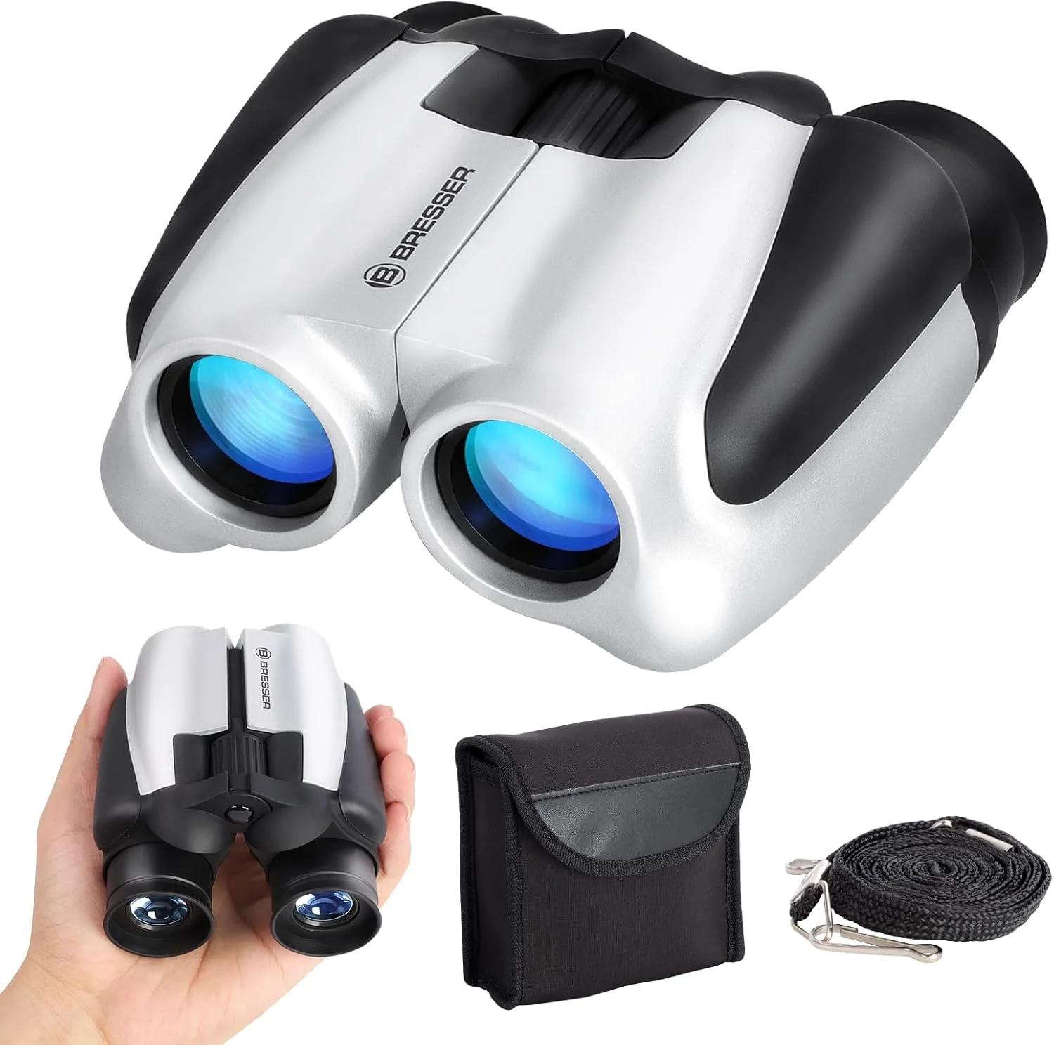 دوربین دوچشمی 10x25 BRESSER برای بزرگسالان و کودکان، دوربین دوچشمی تاشو و جمع و جور با دید کم نور، دوربین دوچشمی کوچک و سبک وزن برای تماشای پرندگان، مسافرت، کنسرت، شکار و پیاده روی (سفید)