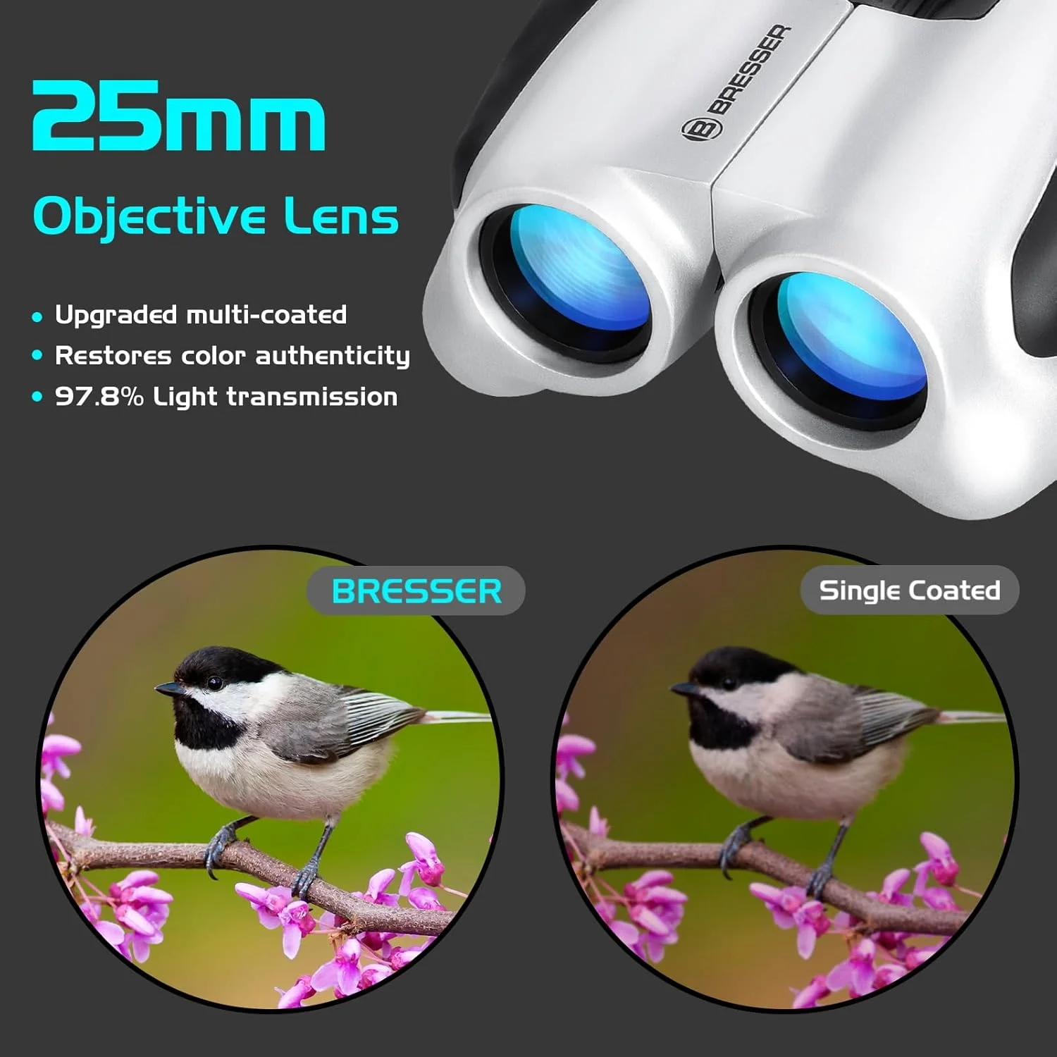 دوربین دوچشمی 10x25 BRESSER برای بزرگسالان و کودکان، دوربین دوچشمی تاشو و جمع و جور با دید کم نور، دوربین دوچشمی کوچک و سبک وزن برای تماشای پرندگان، مسافرت، کنسرت، شکار و پیاده روی (سفید)