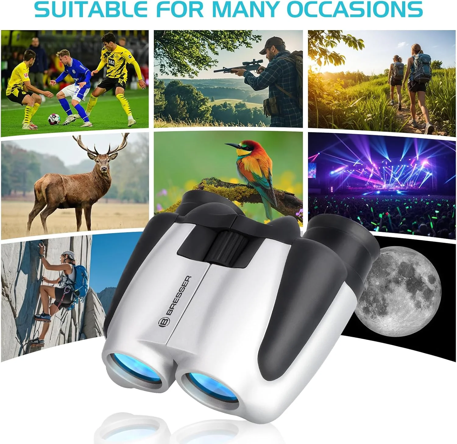 دوربین دوچشمی 10x25 BRESSER برای بزرگسالان و کودکان، دوربین دوچشمی تاشو و جمع و جور با دید کم نور، دوربین دوچشمی کوچک و سبک وزن برای تماشای پرندگان، مسافرت، کنسرت، شکار و پیاده روی (سفید)