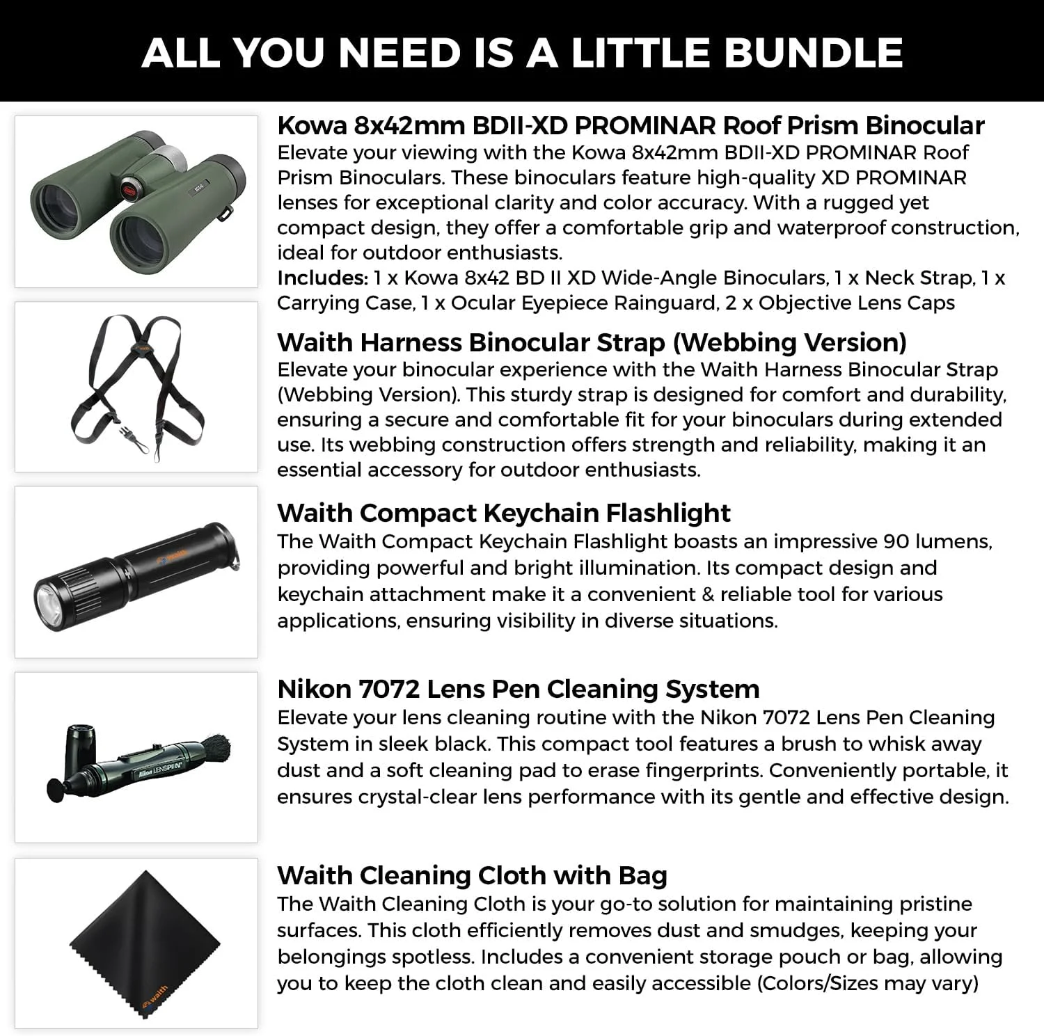 دوربین دوچشمی کوا BD II XD - منشور سقفی 8x42 میلی‌متری PROMINAR به همراه بند هارنس، چراغ قوه، قلم لنز و پارچه تمیز کننده