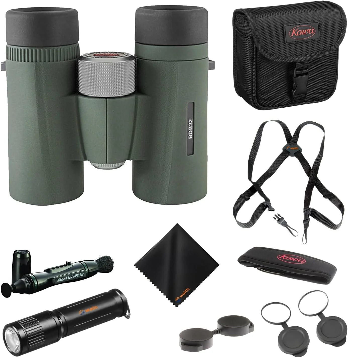 دوربین دوچشمی منشور سقفی کوا BD II XD 10x32mm PROMINAR به همراه بند گردنی و چراغ قوه جاکلیدی کوچک، قلم تمیز کننده لنز نیکون و پارچه تمیز کننده (مجموعه)