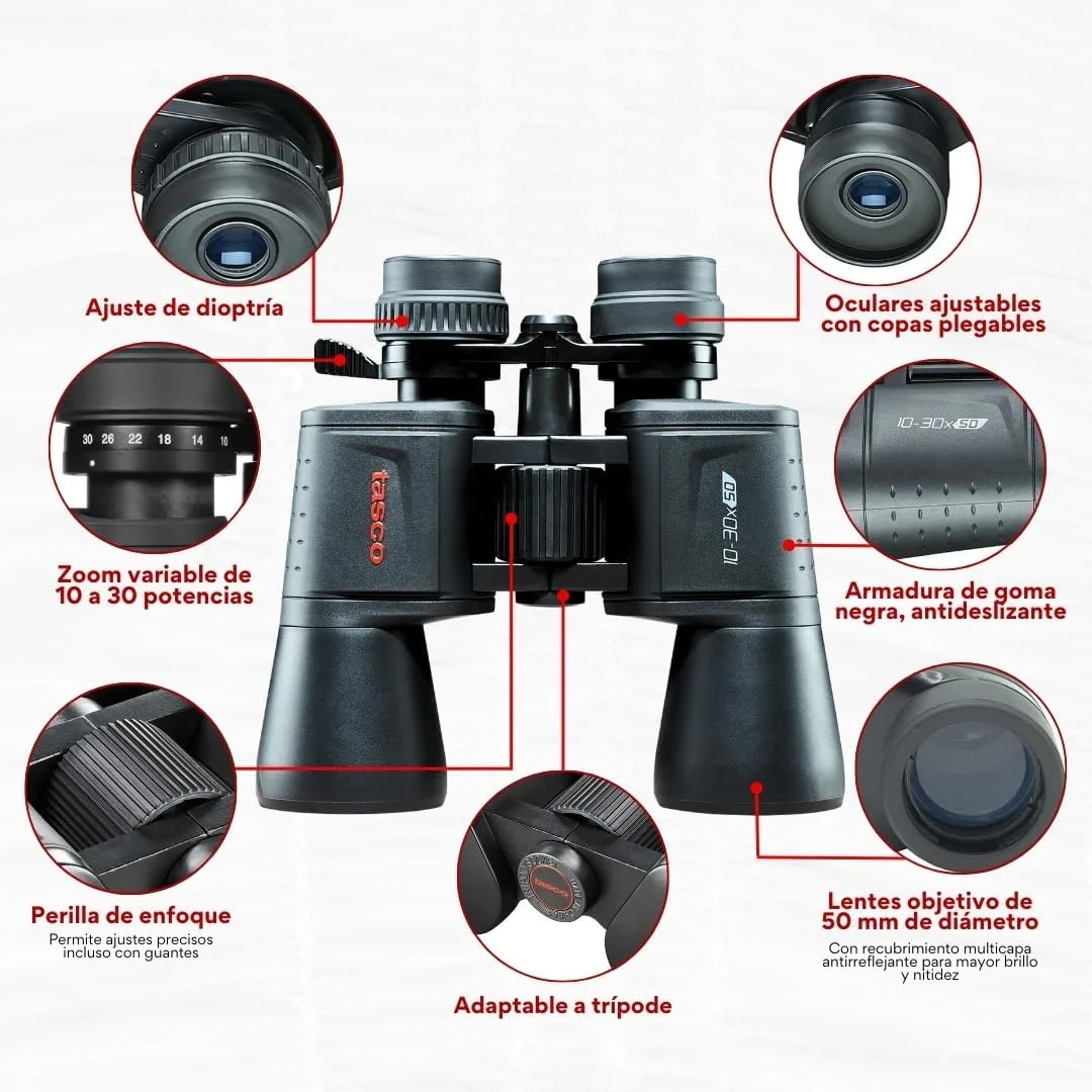 دوربین دوچشمی تاسکو مدل ES10305Z Essentials، بزرگنمایی 10-30 برابر، قطر عدسی 50 میلی‌متر، منشور Porro، مشکی، بسته‌بندی شده