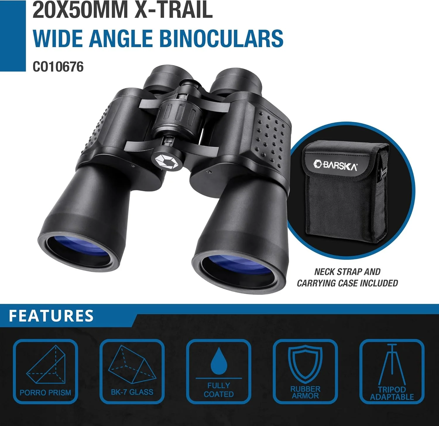 دوربین دوچشمی زاویه باز Barska X-Trail 20x50، بزرگنمایی بالا، اپتیک کاملاً پوشش داده شده، چشمی های تاشو، به همراه بند گردنی و کیف دوربین دوچشمی زاویه باز Barska X-Trail 20x50، بزرگنمایی بالا، اپتیک کاملاً پوشش داده شده، چشمی های تاشو، به همراه بند گردنی و کیف