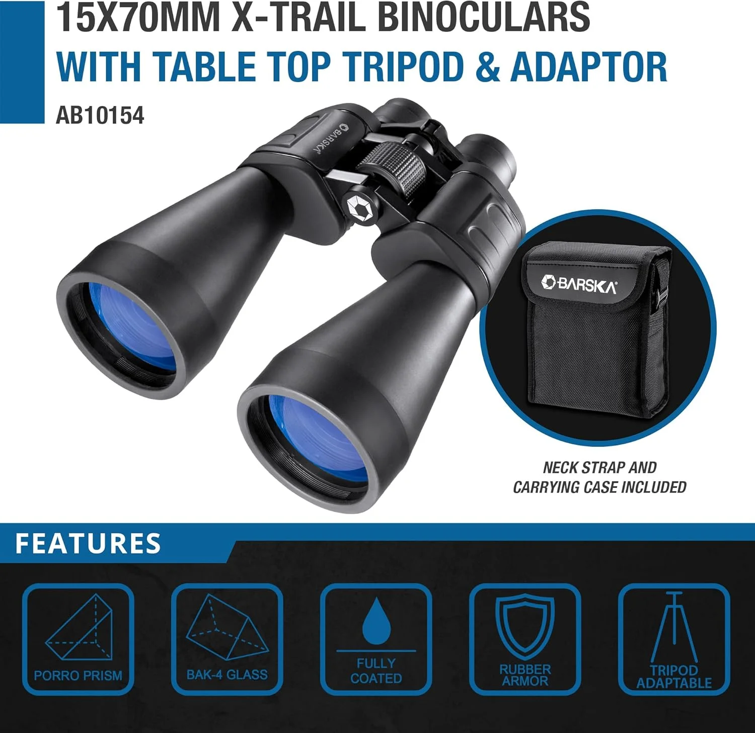 دوربین دوچشمی 15x70 X-Trail بارسکا به همراه آداپتور سه پایه و سه پایه، مشکی