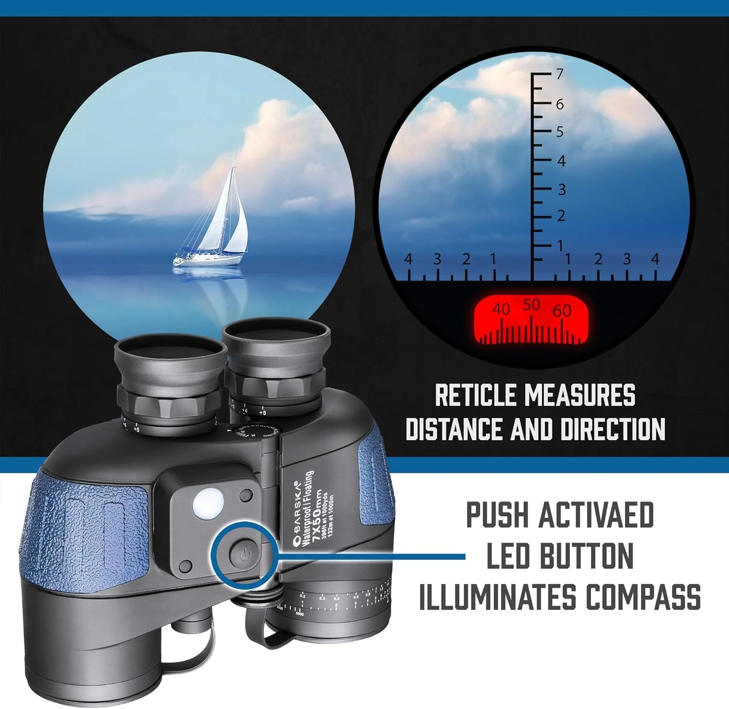 دوربین دوچشمی دریایی BARSKA مدل Deep Sea – 7x50 ضد آب شناور با قطب نما داخلی و مسافت یاب برای قایق سواری، ماهیگیری و شکار دوربین دوچشمی دریایی BARSKA مدل Deep Sea – 7x50 ضد آب شناور با قطب نما داخلی و مسافت یاب برای قایق سواری، ماهیگیری و شکار