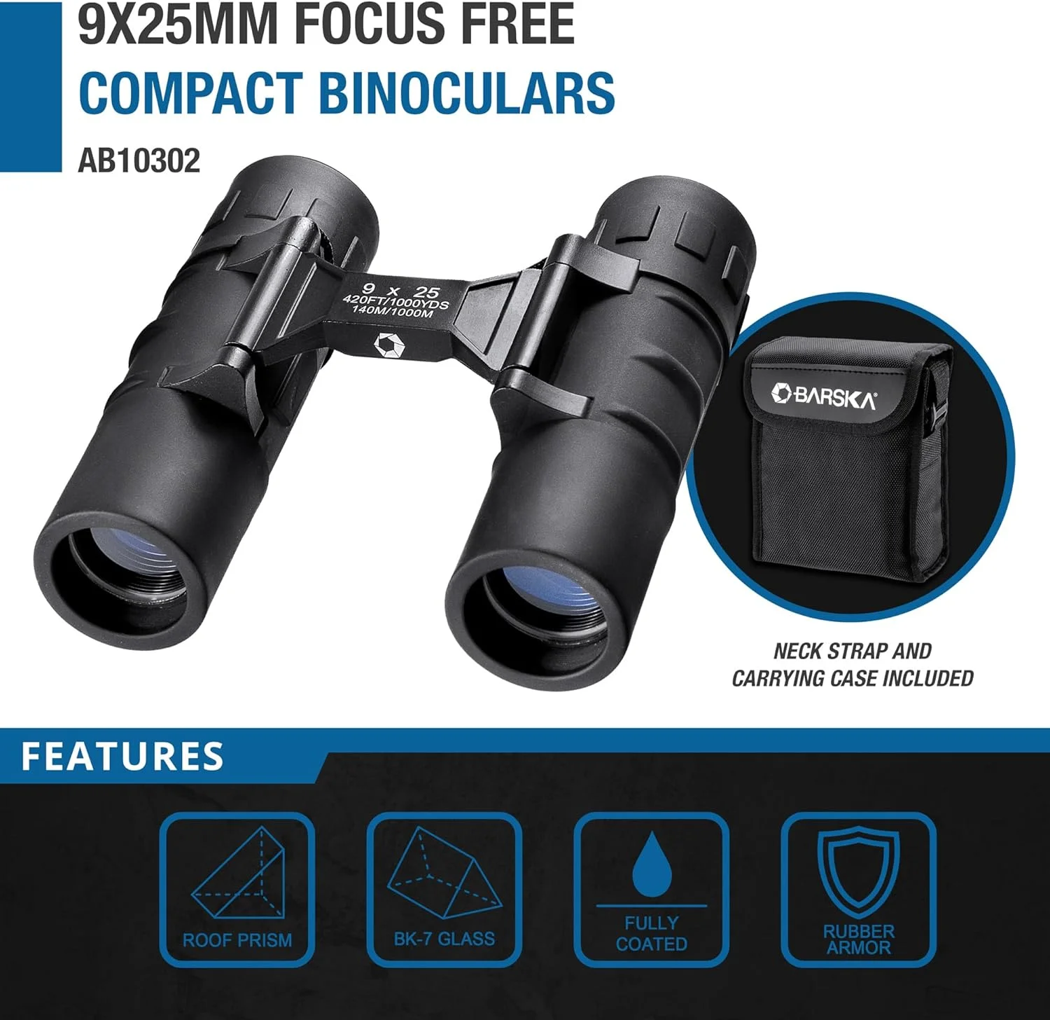 دوربین دوچشمی فشرده 9x25 Barska - بدون نیاز به تنظیم فوکوس، اپتیک کاملاً پوشش داده شده، ضد آب و ضد ضربه، دوربین دوچشمی سبک وزن برای پیاده روی، تماشای پرندگان، ورزش، مسافرت