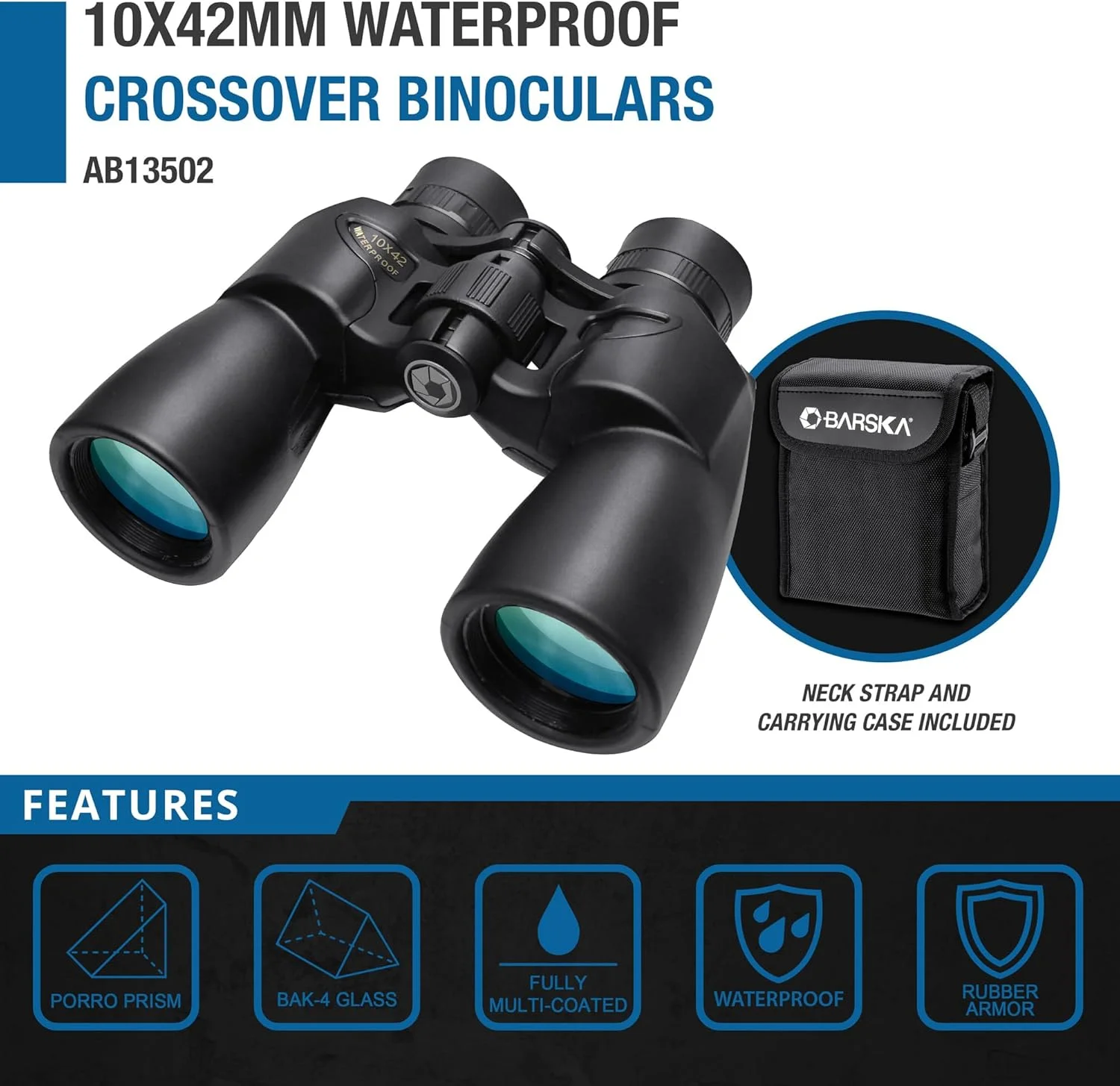 دوربین دوچشمی ضدآب 10x42 Barska AB13502 Crossover برای ورزش، قایق‌سواری، تئاتر، شکار و غیره، مشکی، سایز واحد