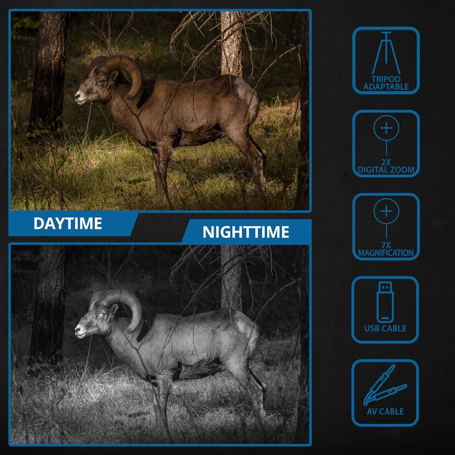 دوربین دوچشمی دید در شب دیجیتال BARSKA NVX600 – بزرگنمایی 7 برابر، زوم 2 برابر، دید در شب 300 متر، حالت روز/شب، ضبط عکس و فیلم، خروجی USB/AV، قابلیت نصب روی سه پایه، دارای کیف حمل