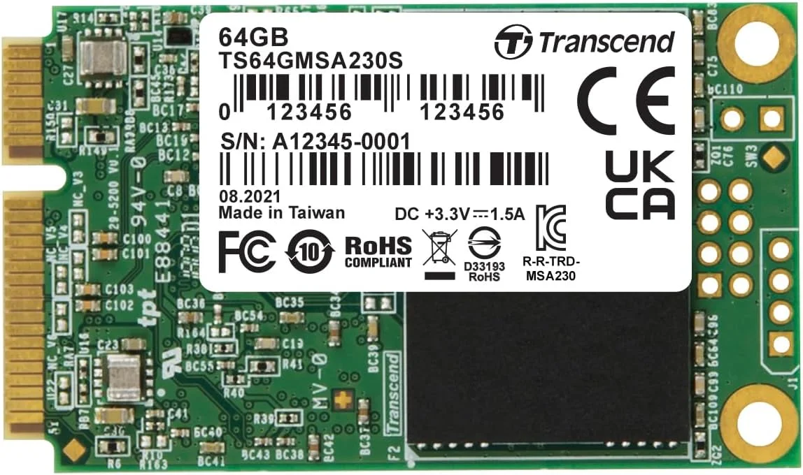 حافظه اس اس دی 64 گیگابایتی ترنسند مدل TS64GMSA230S با رابط mSATA 2.5 اینچی و SATA III 6Gb/s، رنگ نقره ای