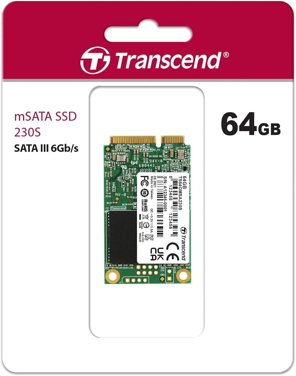 حافظه اس اس دی 64 گیگابایتی ترنسند مدل TS64GMSA230S با رابط mSATA 2.5 اینچی و SATA III 6Gb/s، رنگ نقره ای