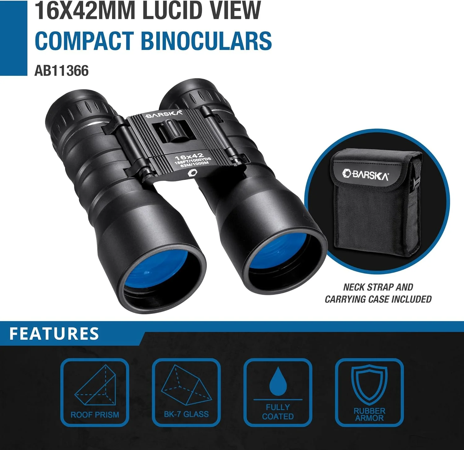 دوربین دوچشمی فشرده کلاسیک 16x42 Barska Lucid View برای سفر، شکار، پیاده‌روی و رویدادهای فضای باز