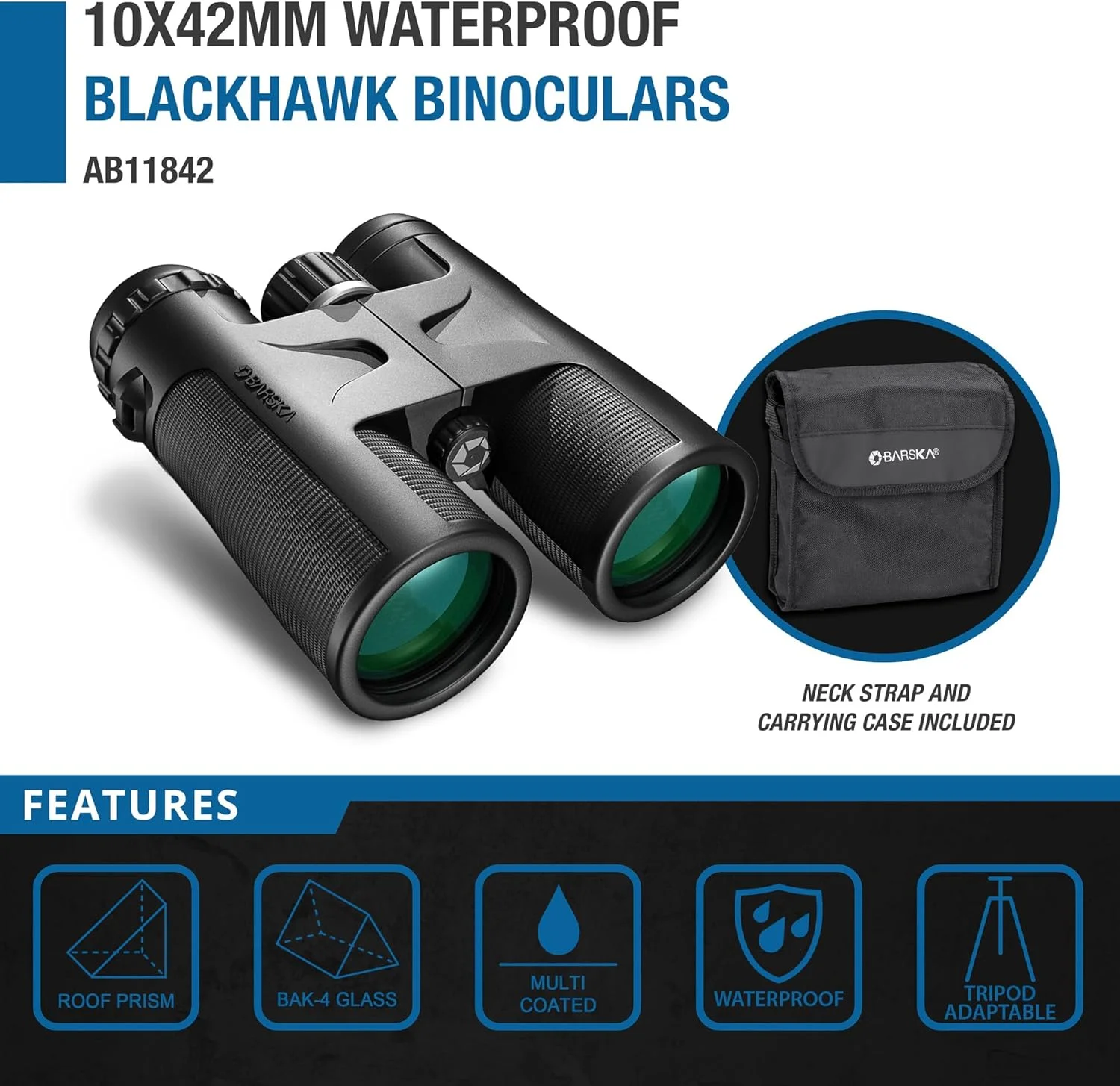 دوربین دوچشمی 42 میلی‌متری Barska Blackhawk – ضد آب و ضد مه، منشور BAK-4، اپتیک چند لایه، روکش لاستیکی مقاوم، برای شکار، تماشای پرندگان و استفاده در فضای باز