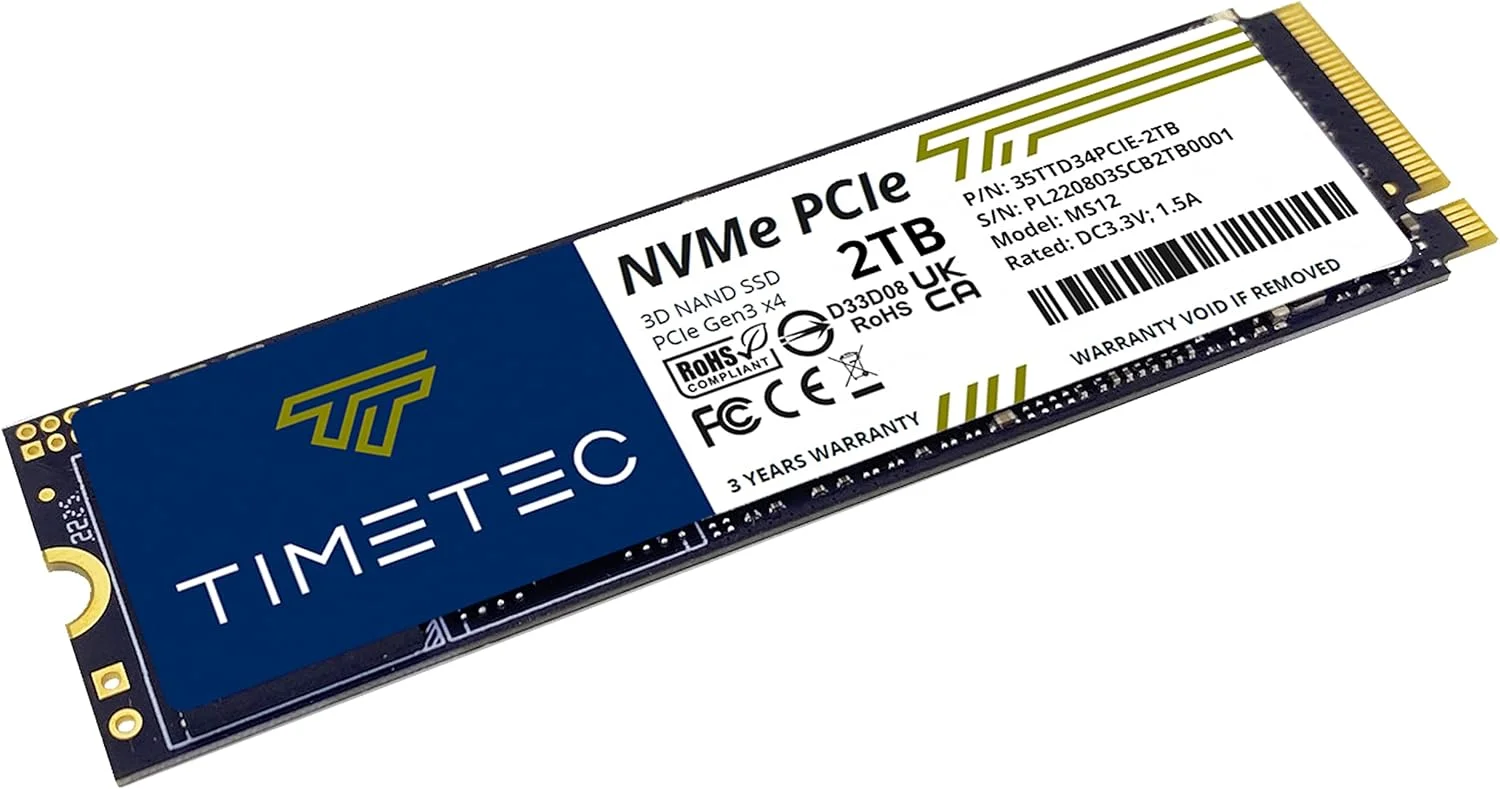 درایو حالت جامد داخلی Timetec 2TB SSD NVMe PCIe Gen3x4 8Gb/s M.2 2280 3D NAND با سرعت خواندن/نوشتن بالا تا 3,400/3,000 مگابایت بر ثانیه برای کامپیوتر، لپ تاپ و دسکتاپ