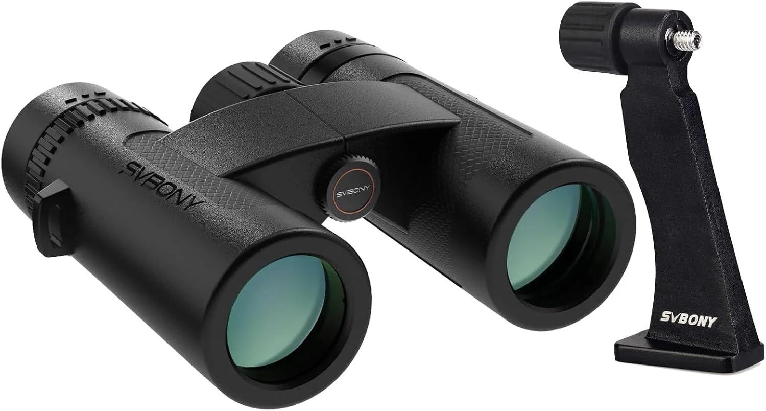 دوربین دوچشمی SVBONY SV202 8x32 ED به همراه آداپتور سه پایه فلزی، دارای لنزهای ED با پراکندگی بسیار کم برای تماشای پرندگان، سیستم اپتیک BAK4 و FMC، زاویه دید گسترده و ضد آب IPX7