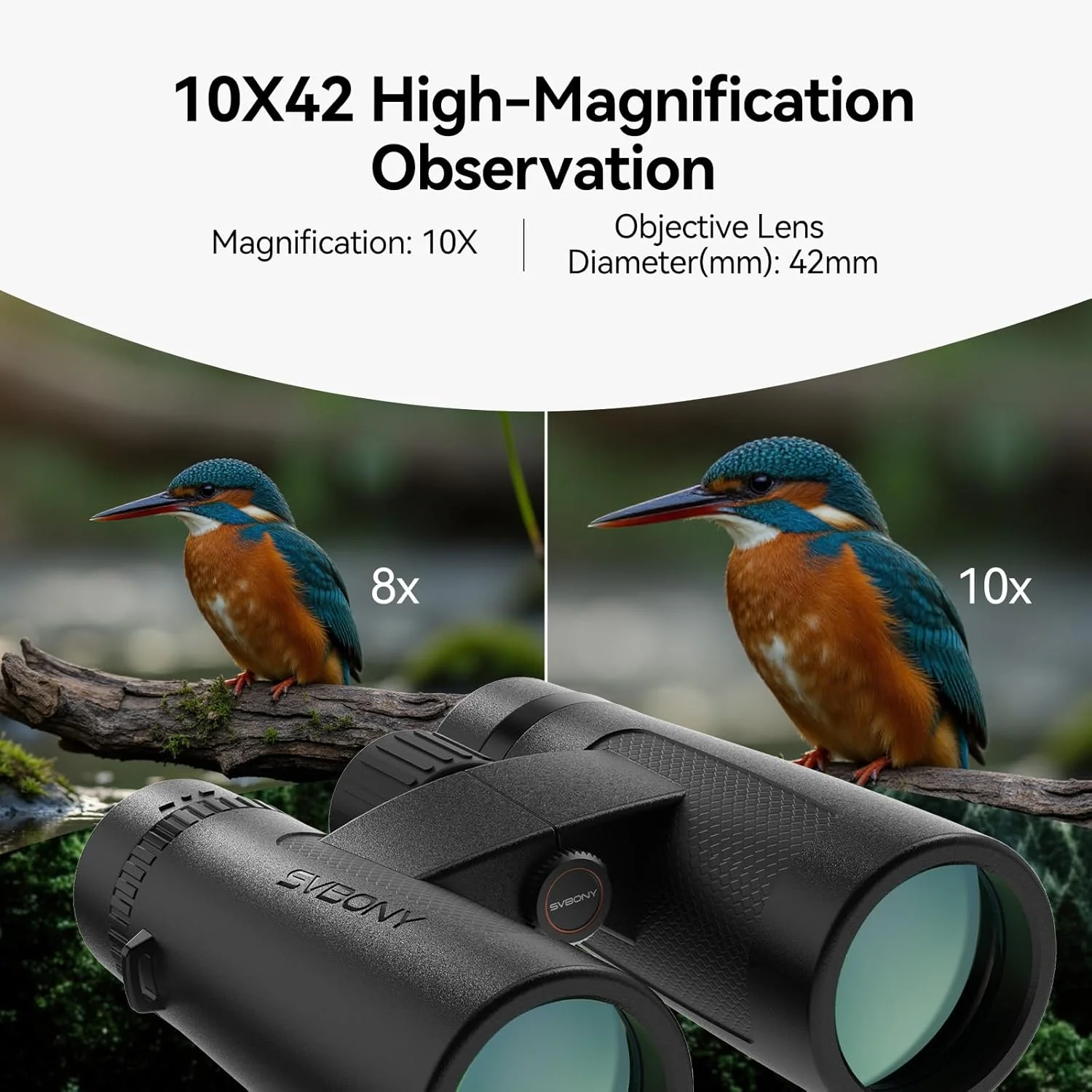 دوربین دوچشمی SVBONY SV202 10x42 ED به همراه آداپتور سه پایه، با لنزهای شیئی پراکندگی بسیار کم برای تماشای پرندگان، سیستم اپتیک BAK4 و FMC، زاویه دید باز 8 درجه، ضد آب IPX7 برای استفاده در همه شرایط آب و هوایی