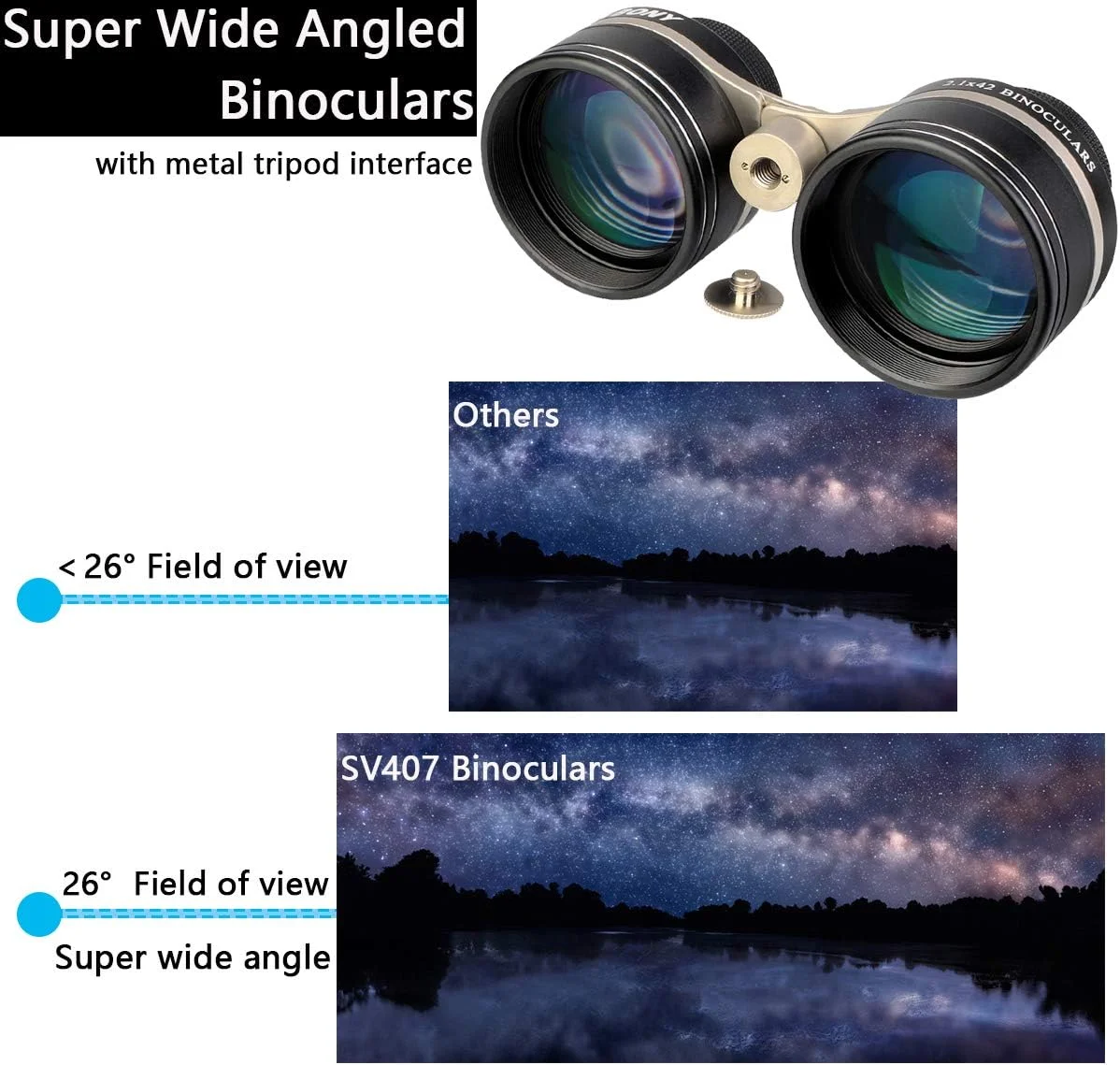 دوربین دوچشمی نجومی SVBONY SV407 2.1x42mm، دوربین دوچشمی زاویه باز برای رصد ستارگان برای بزرگسالان، میدان دید 26 درجه، پوشش FMC، ضد آب IPX6، برای تماشای آسمان پرستاره