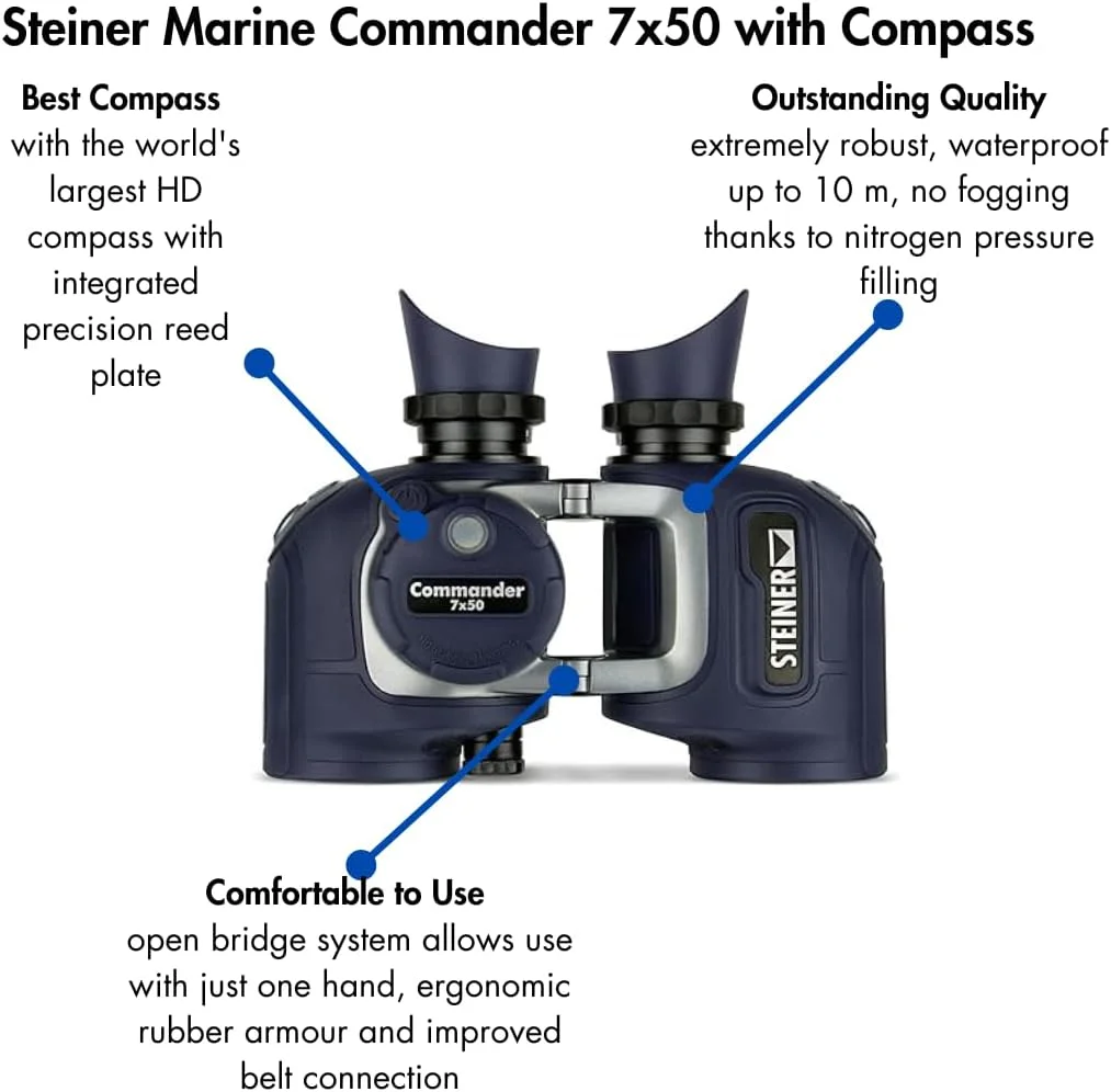 دوربین دوچشمی استاینر اپتیکس Marine Commander 7x50 با قطب نما، ضد آب حرفه ای، کیفیت آلمانی، تصاویر شفاف